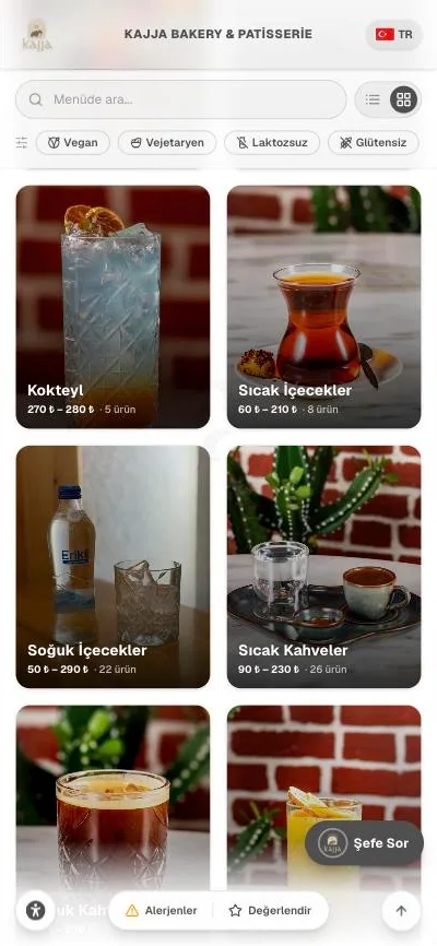 Kajja Bakery & Patisserie menüsünden bir ekran