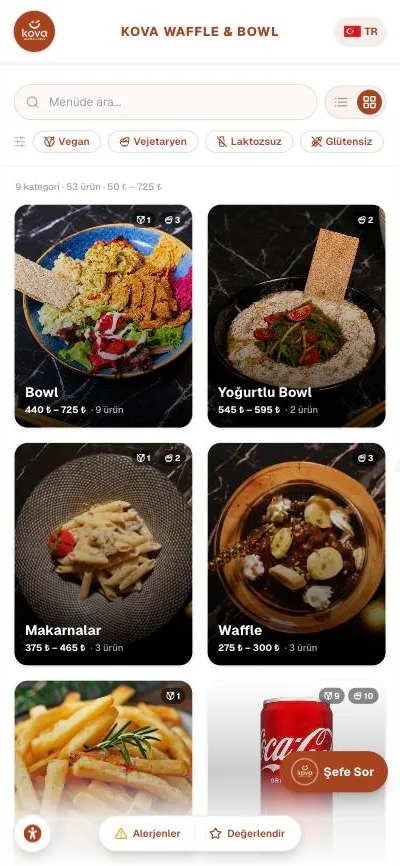 Kova Waffle & Bowl menüsünden bir ekran
