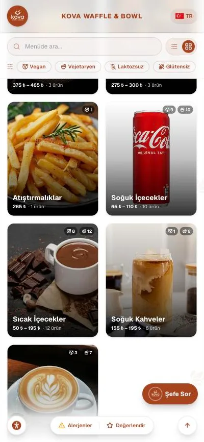Kova Waffle & Bowl menüsünden bir ekran