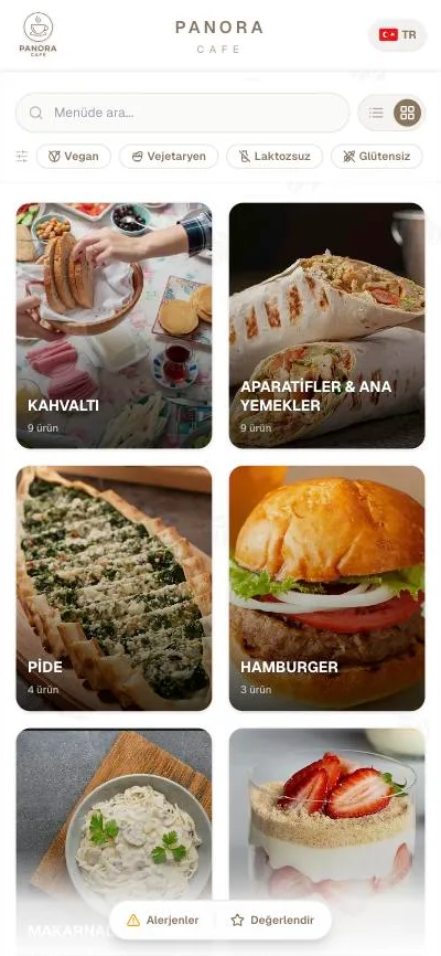Panora Cafe menüsünden bir ekran